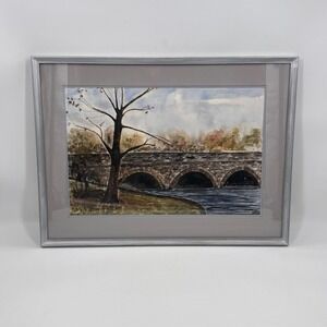 Original Watercolor South Natick Dam Bridge Landscape Signed F.H. Strange 1987